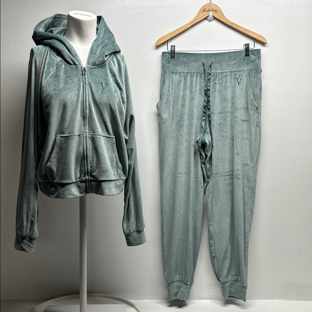 Victoria's Secret Tracksuit Velvet 2 Piece Set Hooded Jacket Pants Size Medium